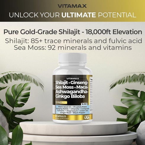 Pure Himalayan Shilajit Supplement 10,000mg Ashwagandha 6,000mg Sea Moss 2,000mg Rhodiola Rosea 1000MG Gingko Biloba 500mg Trace Mineral Capsules ...