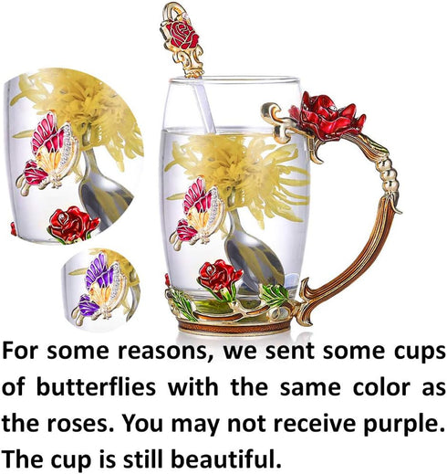 Kaiyuan Dynasty Tea Cup Glass Coffee Mugs Enamel Rose Flower Butterfly Drinking Cups with Spoon Set for Birthday Wedding Red Rose Tall Mug 12oz...