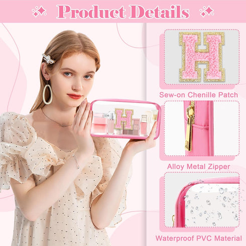 Personalized Initial Letter Clear Makeup Bag,Preppy Small Nylon&PVC Cosmetic Zipper Bag with Chenille Letter,Portable Beach Travel Skincare Toilet...