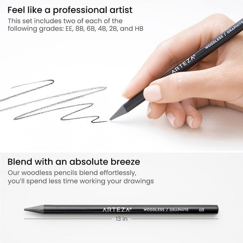 Arteza Woodless Graphite Pencils, Set of 12, HB, 2B, 4B, 6B, 8B, and EE, Black Drawing Pencils, Art Supplies for Shading and Sketching...