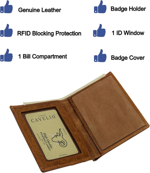 USA RFID Leather Slim Thin Bifold ID Money Wallet Oval Shape Badge Holder (Tan)...