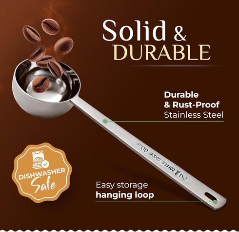 Orblue Premium Coffee Scoop Set - 1 Tbsp (15ml) & 2 Tbsp (30ml) Measuring Tablespoon - Stainless Steel Coffee Measuring Spoon and Scooper with Lon...