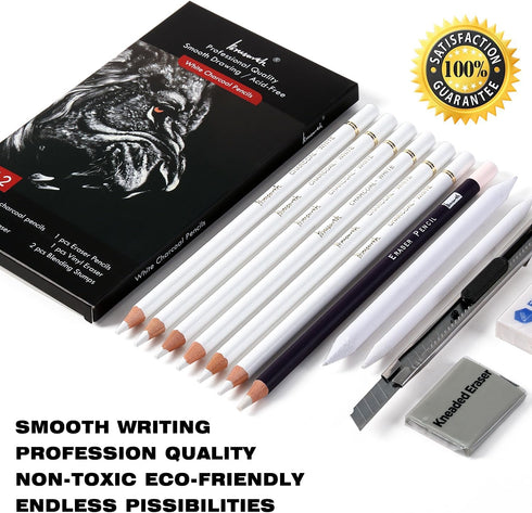 White Charcoal Pencils Set - 12 Piece Sketch Highlight White Pencils Set for Drawing, Sketching, Shading, Blending, Artist Pencils for Artists, Pr...