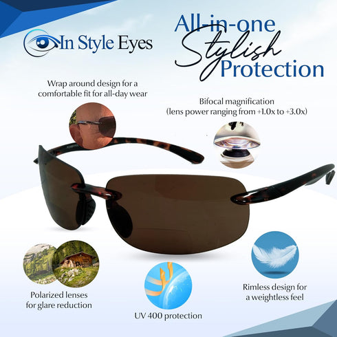 In Style Eyes Lovin Mawi Bifocal Wrap Around Sunglasses, Polarized Reading Glasses Reduce Sun Glare, Near Invisible Line Lens, Tortoise, 3.0x...
