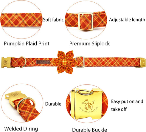 Elegant little tail Fall Dog Collar, Halloween Plaid Dog Collar with Flower Girl Boy Pet Collar Dog Flowers Holiday Dog Collar Flower Soft Durable...