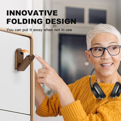 Wood Headphone Stand Wall Mount Holder, Sticky Headset Hook, Under Desk Headphone Hanger,Foldable Desk Headphone Hanger Earphone Clamp for Audio,S...