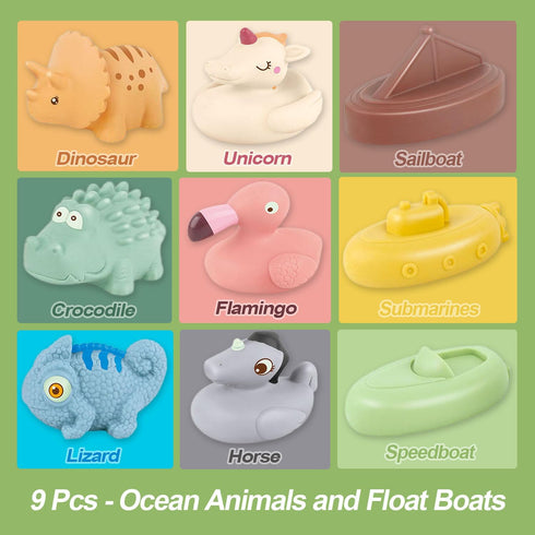 Bath Toys for Kids Ages 1-3 , 9 Pack No Hole Animal and Float Boats Baby Bath Toys for Babies 6-12 Months, Baby Pool Bathtub Toys Presents for Pre...
