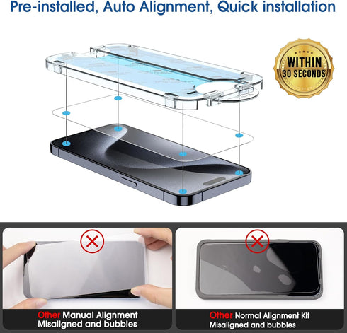 amFilm OneTouch 2+2 Pack Compatible with iPhone 15 Screen Protector 6.1" Tempered Glass with Camera Lens Protector Accessories, Premium Easiest In...