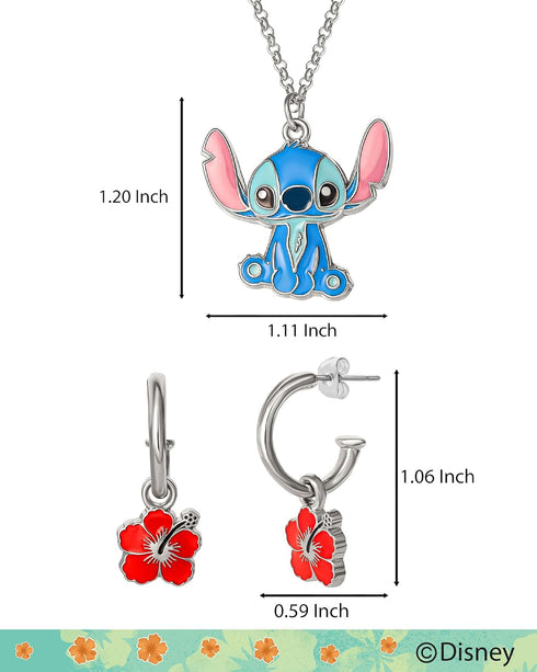 Disney Lilo & Stitch Jewelry Set Official License, Flower Charm Hoop Earrings and 16+3 Stitch Necklace Fashion Jewelry Set...