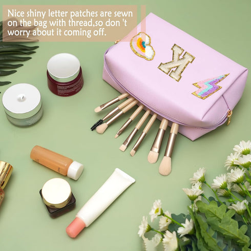 Makeup Bag Preppy Cosmetic Pouch, Monogram Initial Pink Cute Skincare Travel Make up Organizer, Waterproof PU Preppy Case Brithday Gift for Daught...