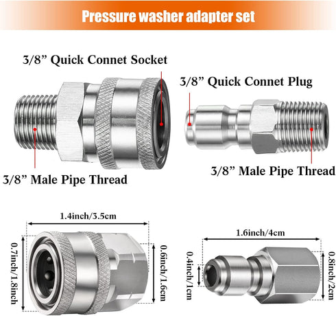 2 Sets NPT 3/8 Inch Stainless Steel Male and Female Quick Connector Kit Pressure Washer Adapters(Internal Thread, External Thread)...