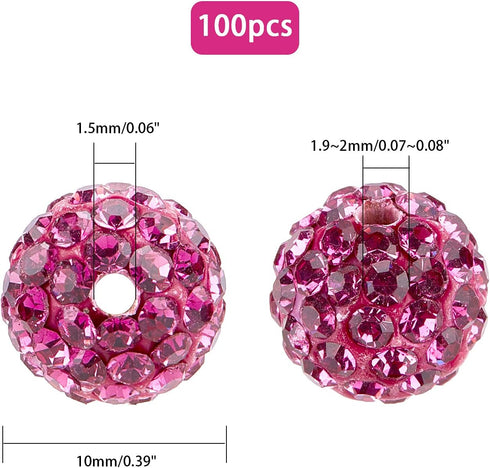 PH PandaHall 100pcs 10mm Fuchsia Rhinestones Pave Disco Ball Clay Beads, Polymer Clay Rhinestone Beads Round Charms Crystal Diamond Beads for Brac...