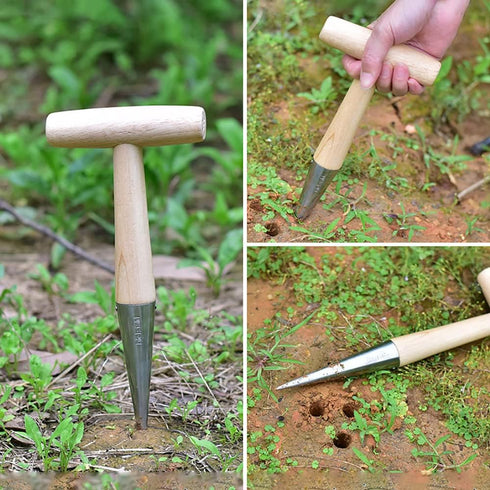 DSparts, Stainless Steel Sow Dibber for Garden Planting Seeds Bulbs Seedling Punch Hole Handle Tools with Wood Handle...