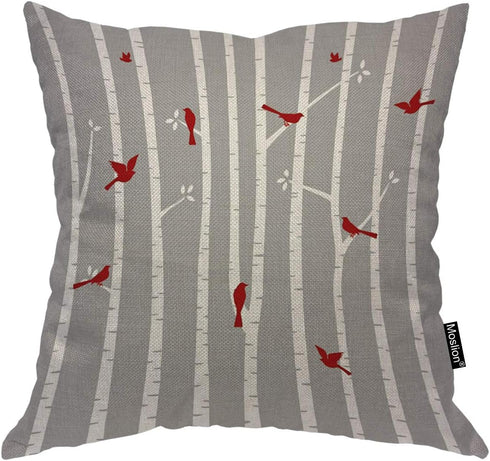 Moslion Throw Pillow Cover Birds in Birch 18x18 Inch Animal Trees Nature Red White Grey Square Pillow Case Cushion Cover for Home Car Decorative C...