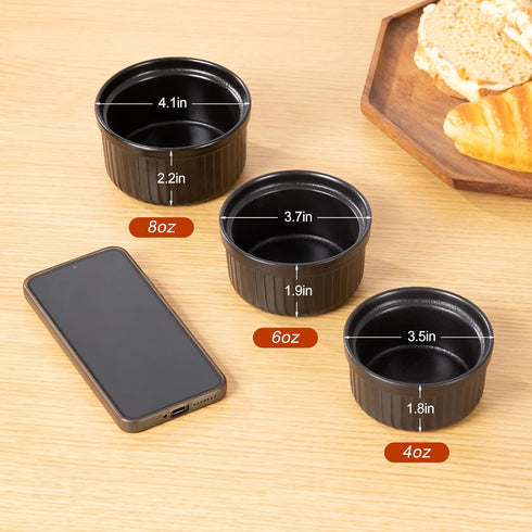 Yachi Ramekins Black, 4 oz 6 Pieces Ceramic Baking Ramekin Set of 6 Stoneware Bakeware Serving for Sauces Dipping Onion Soup Lava Cake Flan Creme ...