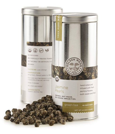 Golden Moon Tea Organic Jasmine Pearls Green Tea - Loose Leaf Dragon Pearls, Premium Grade, Non GMO - Travel Tin (48 Servings)...