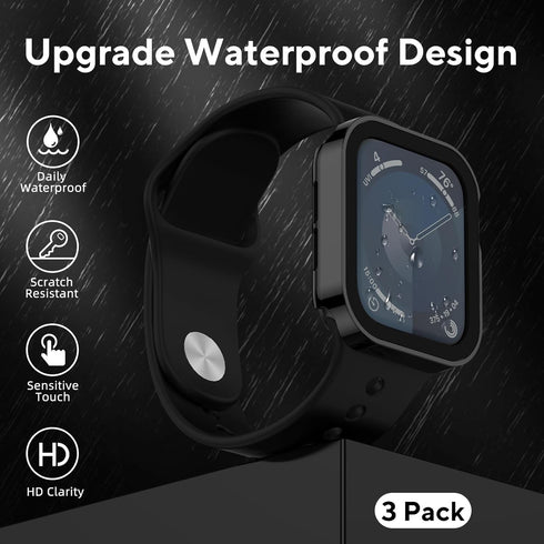 3 Pack Waterproof Case for Apple Watch Series 9 8 7 45mm, Straight Edge Hard PC Cover with Tempered Glass Screen Protector, Protective Bumper for ...