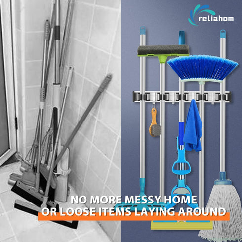 Broom Holder Mop Hanger Wall Mount Metal Organization Garage Storage System Garden Kitchen Tool Organizer(5 Racks with 4 Hooks, Black)...