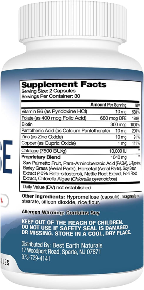 Best Earth Naturals Catalase Supplement 10,000 with Saw Palmetto, Biotin, Fo-Ti, PABA - Hair Supplements for Strong Hair - 60 Capsules...