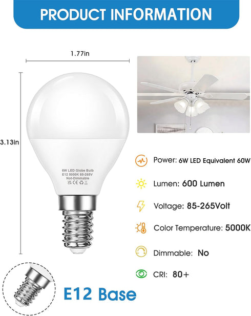 EvaStary Ceiling Fan Light Bulbs, 60W Equivalent E12 LED Bulb, Super Bright 600LM Daylight 5000K Small Base A15 Shape Candelabra Bulb for Chandeli...
