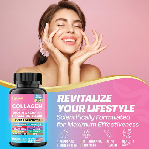 Zoyava Collagen Pills Peptides Types I, II, III, V & X MCG Biotin Keratin Hyaluronic Acid MSM Vitamin A Vitamin C Vitamin E Folic Acid Zinc Magnes...