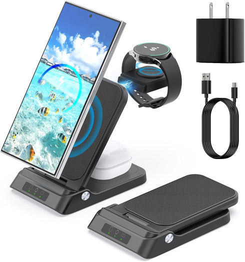 Wireless Charger for Samsung, RAUGEE Foldable 3 in 1 Fast Wireless Charging Station for Samsung Galaxy S24/24+/24 Ultra/S23 Ultra/S23+/S22/Z Fold/...