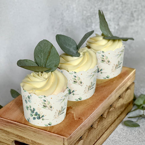 100Pcs Eucalyptus Leaf Paper Baking Cups Green Gold Foil Leaves Cupcake Wrappers Scalloped Edge Cupcake Muffin Cases for Wedding Birthday Party...