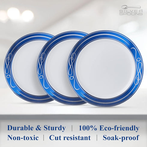 SILVER SPOONS Elegant Disposable Plates For Party - (10 Piece) Heavy Duty Disposable Dessert Set 7.5”, Fine Dining Plastic Dishes For Elegant Chin...