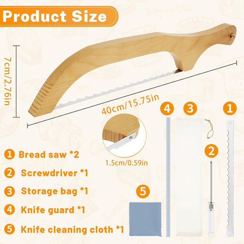 Bread Bow Knife 15.7" Serrated Bread Knife, Wooden Bread Cutter for Homemade Bread, Bow Knife for Sourdough, Bread Slicing Knife Bread Saw Kitchen...