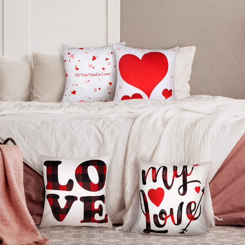 Set of 4 Valentine Throw Pillow Cases 18x18 Inch Romantic Red Heart and Love Cushion Covers for Anniversary Wedding Bedroom Living Room Sofa Couch...