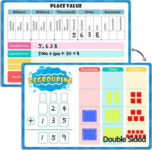 Dry Erase Place Value Whiteboard, 9" x 12" Double Sided Place Value Chart for Math Manipulatives, Teaching Tools, Billions to Decimal Numbers, Stu...