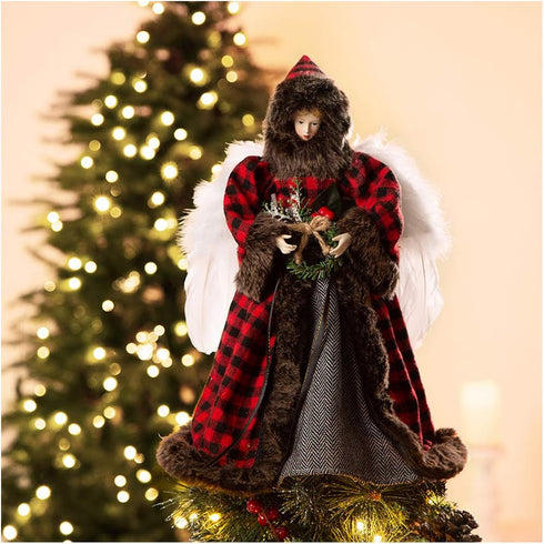 Glitzhome Handmade Plaid Angel Figurine Christmas Treetop Ornament Decoration 12" H - Red & Black...