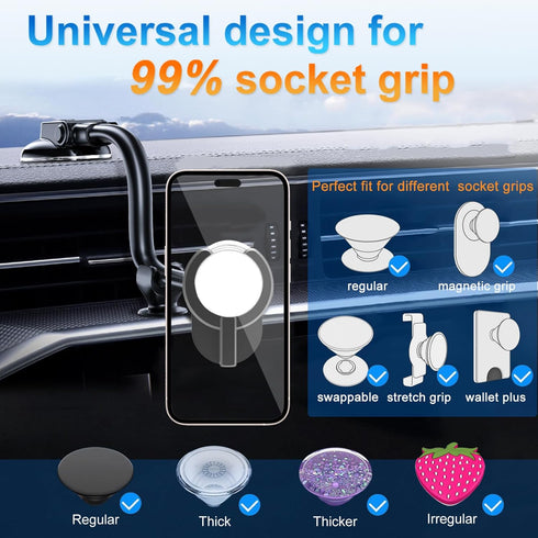 Car Phone Mount for Collapsible Grip/Socket Mount User,Windshield/Dashboard/Vent Phone Holder with Strong Suction Cup,13-Inches Long Arm Gooseneck...