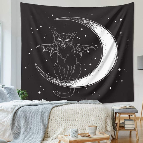 DYRLHZ Black and White Wing Cat on Moon Tapestry, Creepy Hippie Spooky Monster Wall Hanging Tapestry, for Living Room Bedroom Home Decor (59'' x 7...