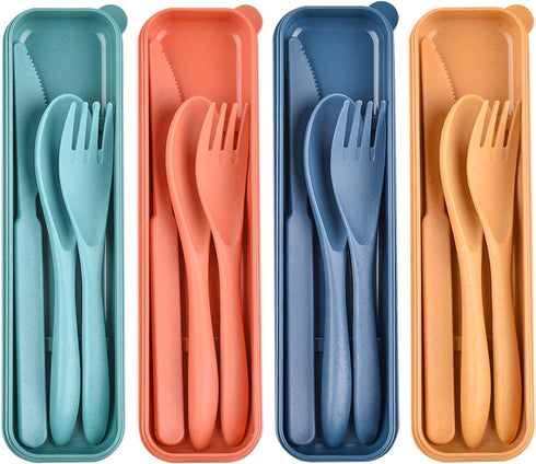 Reusable Wheat Straw Cutlery with Case, Portable Dark Utensils Set for Adults, Tableware Camping Cutlery Set for 4 People, Travel Utensils Set for...