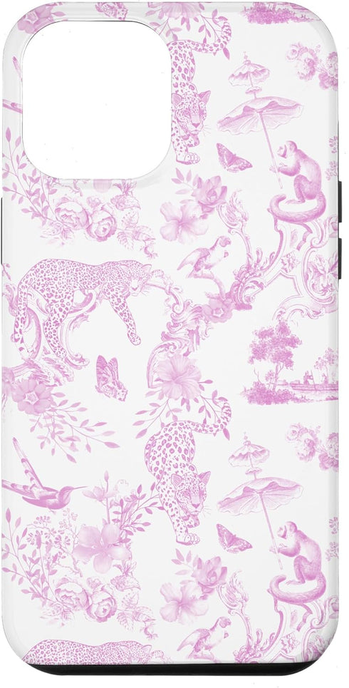 iPhone 15 Pro Max French Pink Toile Chinoiserie with Flowers, Monkey, Leopards Case...