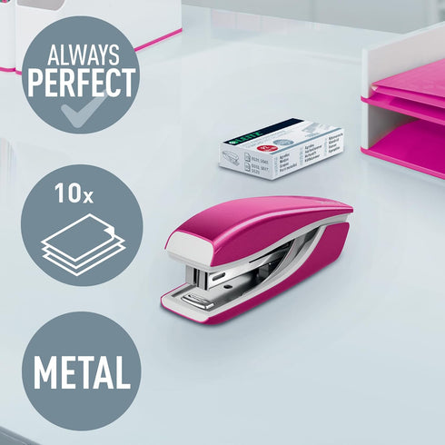 Leitz Mini Stapler, 10 Sheet Capacity, Ergonomic Metal Body, includes Staples, WOW Range, 55281023 - Metallic Pink...