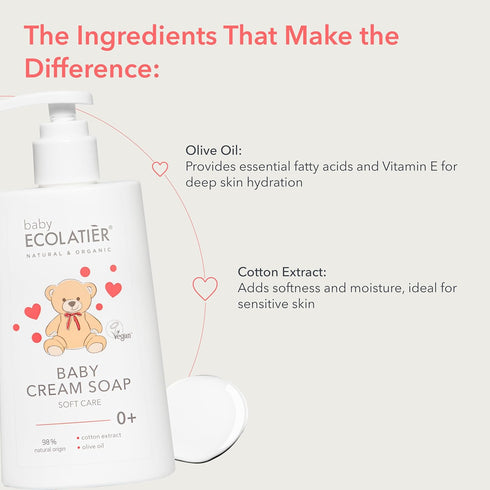 Gentle Baby Cream Soap for Soft and Caring Cleanse, 250ml - With Olive Oil & Cotton Extract, 98% Natural, Vegan kids body wash - Delicate Skin Nou...
