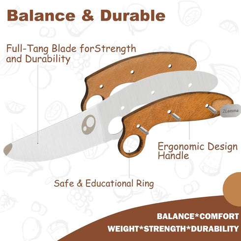 Kids Knife Set for Real Cooking with Sharped Blade for Children, Finger Guard & Educational Ring for Cutting Trainning, Rosewood Handle & Stainles...