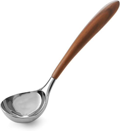 nambe Curvo Kitchen Ladle | 12.5 Inch Ladle for Serving Soups, Stews, and Sauces | Made of Stainless Steel and Acacia Wood | Designed by Steve Coz...