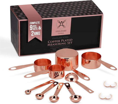 Copper Measuring Cups and Spoons Stainless Steel 9 pieces with 2 Rings...