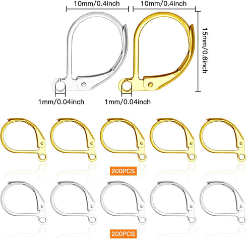 400pcs Leverback Earring Hooks Hypoallergenic Earring Hooks French Earring Hooks Leverback Earwire Findings French Ear Wire Lever Back Hoops for D...