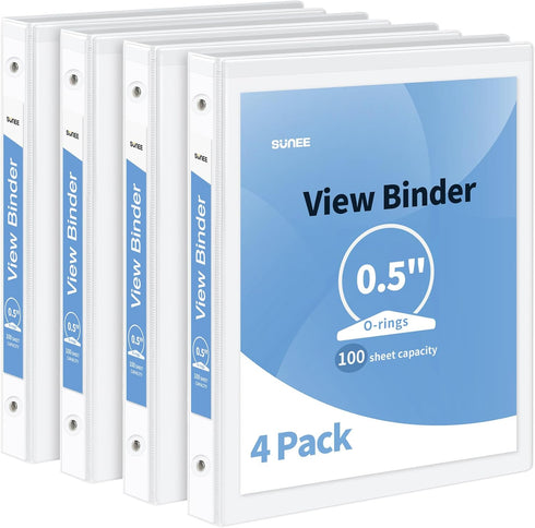 SUNEE 3 Ring Binder 1/2 Inch 4 Pack, Clear View Binder Three Ring PVC-Free (Fit 8.5x11 Inches) for School Binder or Office Binder Supplies, White ...