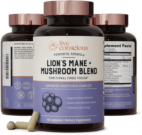 Live Conscious Lions Mane Mushroom Supplement Capsules for Brain Support w/Lion's Mane, Cordyceps, Reishi, and Turkey Tail Mushrooms - Cognitive M...