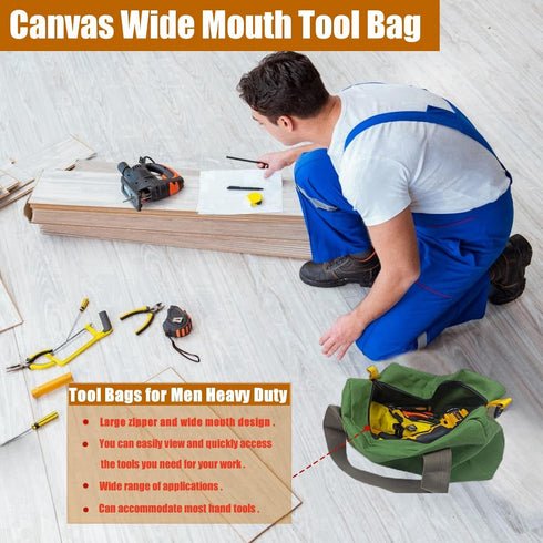 Canvas Wide Mouth Tool Bag, Heavy Duty Large Capacity Handbag, Portable Home Tool Organizer for Storage for Screwdrivers, Wrench, Plier, Nails, Pl...