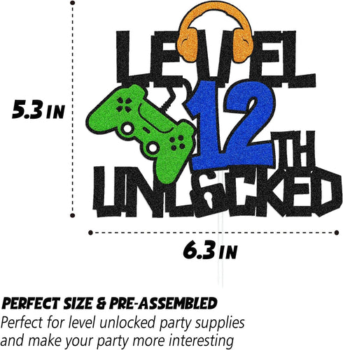 Level 12th Unlocked Cake Topper, Happy 12th Birthday Level Up Cake Decoration, Video Game Controller Play Game Theme, Boy’s Twelfth Birthday Party...
