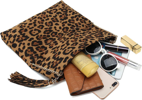 CHARMING TAILOR Leopard Clutch Bag for Women Tassel Foldover Clutch Faux Suede Dressy Purse for Day to Evening...