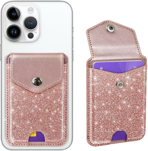 Self Adhesive Card Holders for Back of Phone, Cute Leather RFID Phone Wallet Pockets with Snap, Slim Card Holders Sleeve for Phone Case, Glitter R...