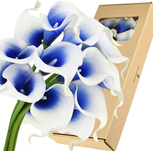 FiveSeasonStuff Real Touch Calla Lily Artificial Flowers Wedding Bridal Bouquet | Floral Arrangements | 15 Calla Lilies (Silk White & Abyss Blue)...