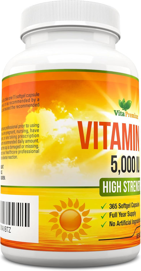 Vitamin D 5000 IU, 365 Easy to Swallow Softgels, High Strength Vitamin D3 5000 IU Supplement - Full Year Supply...